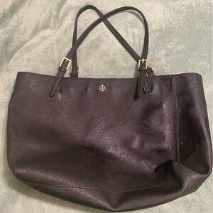 Tory Burch Designer Black Leather Tote with Gold Accents